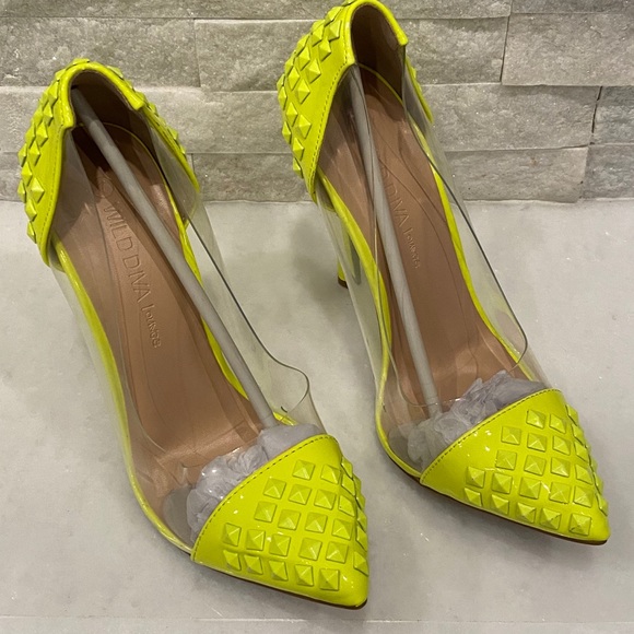 Wild Diva Shoes - Neon Yellow Stud heels